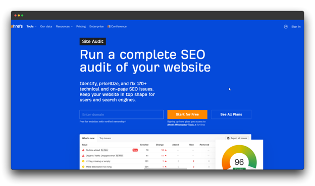 A screenshot of the Ahrefs "Site Audit" page, featuring the headline "Run a complete SEO audit of your website," highlights its function as an "SEO Audit Tool" to identify and fix over 170 technical and on-page SEO issues, solidifying its place among the "Best SEO Audit Tools."