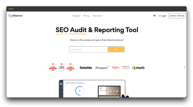 A screenshot of the SEObtimer website displays its main headline: "SEO Audit & Reporting Tool." It invites users to "Enter an URL address and get a Free Website Analysis," directly showcasing its primary function as an "SEO Audit Tool" and positioning it among the "Best SEO Audit Tools."