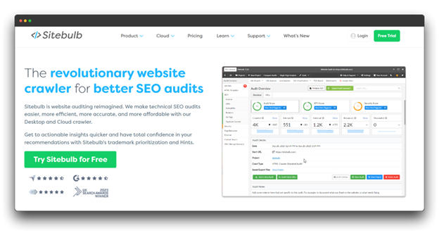 A screenshot of the Sitebulb website promotes itself as "The revolutionary website crawler for better SEO audits." The interface shows an "Audit Overview" with scores for "SEO Score," "HTTP Score," and "Security Score," highlighting its functionality as an advanced "SEO Audit Tool" and positioning it among the "Best SEO Audit Tools."