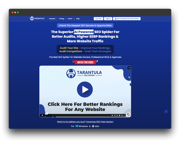 The bottom of the screen indicates compatibility with Windows & Mac. This image showcases a website promoting an AI-powered SEO audit tool designed to improve website rankings and traffic. "SEO Audit", "SEO Audit Tools", "Best SEO Audit Tools".