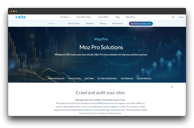 A screenshot of the Moz Pro Solutions website emphasizes its ability to "Crawl and audit your sites," highlighting its functionality as a comprehensive "SEO Audit Tool." It positions itself as one of the "Best SEO Audit Tools" for managing site health and fixing technical SEO issues.
Sources