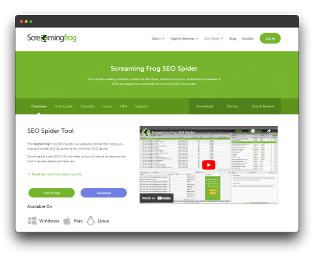 A screenshot of the Screaming Frog SEO Spider website showcases its "SEO Spider Tool," described as "The industry leading website crawler for Windows, macOS and Linux, trusted by thousands of SEOs and agencies worldwide for technical SEO site audits." This highlights its role as a key "SEO Audit Tool" for performing a thorough "SEO Audit," making it one of the "Best SEO Audit Tools."