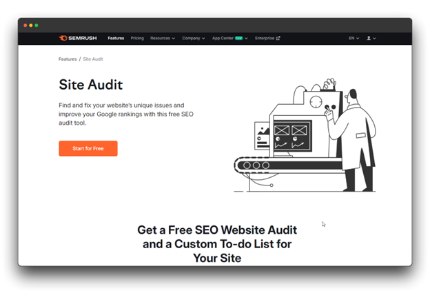A screenshot of the Semrush "Site Audit" page invites users to "Find and fix your website's unique issues and improve your Google rankings with this free SEO audit tool." This clearly positions Semrush's Site Audit feature as an essential "SEO Audit Tool" for performing a comprehensive "SEO Audit," solidifying its reputation among the "Best SEO Audit Tools."