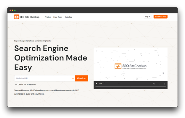 A screenshot of the "SEO Site Checkup" website highlights its "Supercharged analysis & monitoring tools" for "Search Engine Optimization Made Easy." This platform is presented as an efficient "SEO Audit Tool" to perform a comprehensive "SEO Audit," positioning it among the "Best SEO Audit Tools.