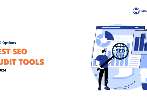 A digital banner advertises "Top 9 Options" for the "Best SEO Audit Tools for 2024." An illustration shows a person using a large magnifying glass with "SEO" on it to examine a webpage displayed on a computer monitor, which features charts and graphs, visually representing the process of an "SEO Audit" using "SEO Audit Tools."